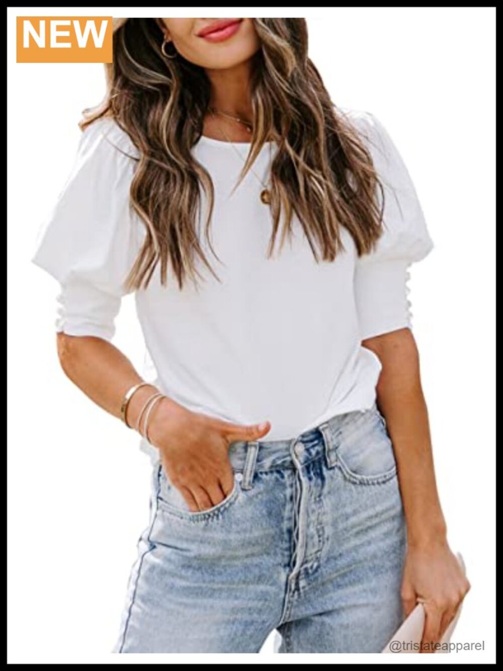 Women's Puff Sleeve Blouse Cotton Blend Crew Neck Short Sleeve Casual Work Top